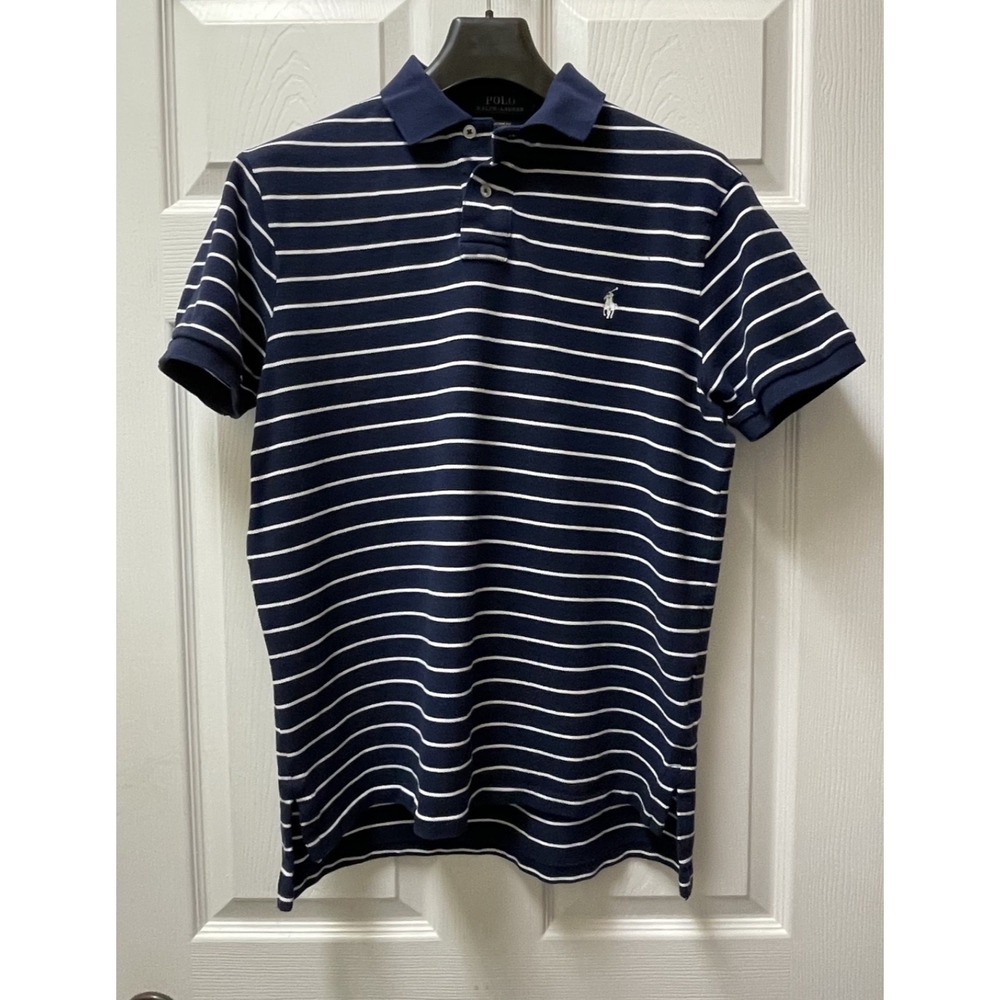 Polo Ralph‎ Lauren Mens Large Navy/White Stripe Pony Pique Rugby Golf Preppy - Picture 2 of 11